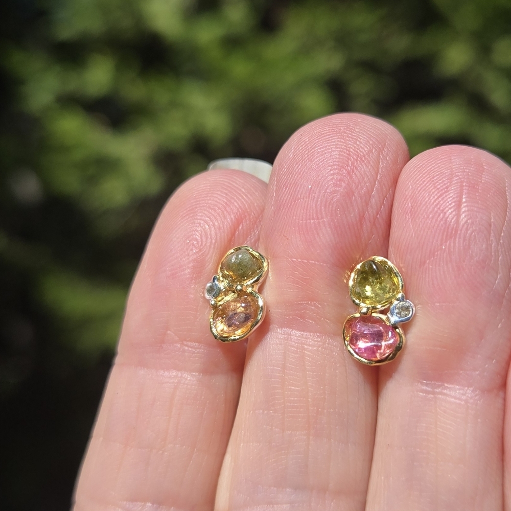 Tourmaline & Topaz Natural Gemstone Sterling & Gold Earrings - Picture 3 of 8